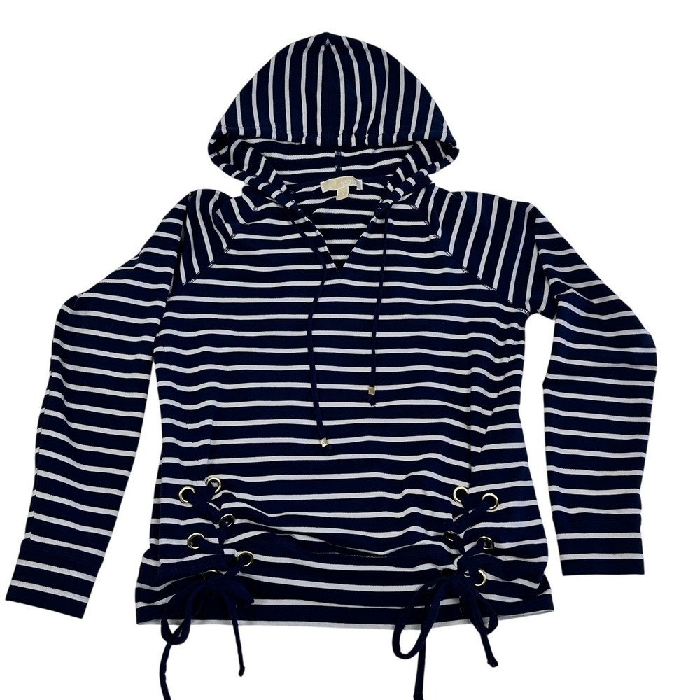 Michael Michael Kors - Women's Navy White Striped Lace Up Side Hoodie Sweater M